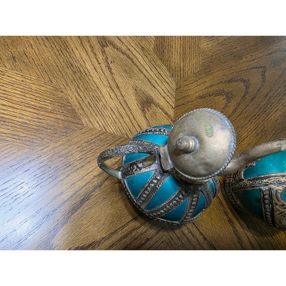 Vintage Moroccan Teal Ceramic Metal Filigree Teapot and Lidded Jar Set 2 Piece - Picture 4 of 9
